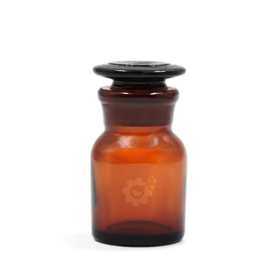 30 ml dark glass reagent bottle with a narrow neck and ground-in Primelab stopper